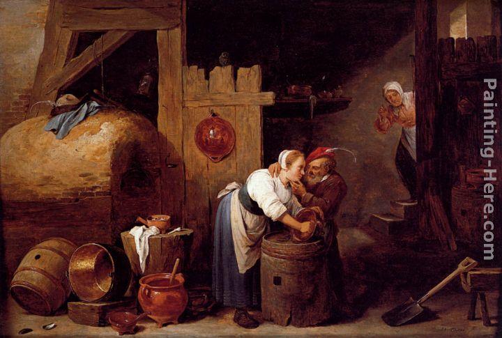 David the Younger Teniers An Interior Scene With A Young Woman Scrubbing Pots While An Old Man Makes Advances